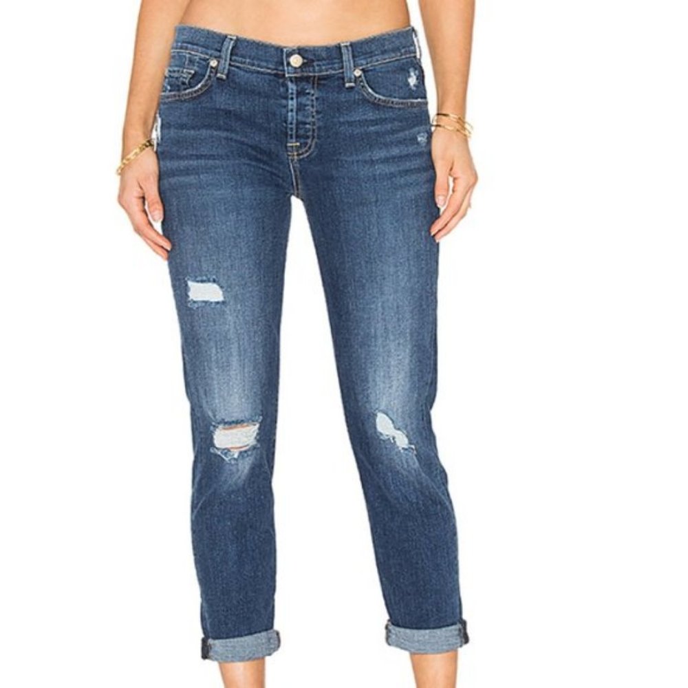 7 For All Mankind Distressed Boyfriend Jeans - Dark Blue Josefina